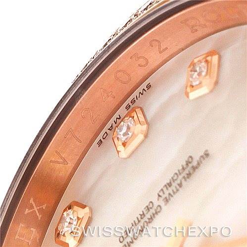 Close-up of the Rolex President 116185 Men's Rose Gold Mother of Pearl Dial 116185 Men's Rose Gold Mother of Pearl Dial model, showing part of the bezel, markings, and diamond hour markers.