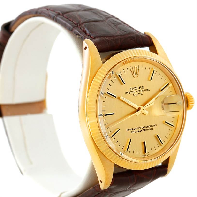 The Rolex President 1503 Men
s Yellow Gold Champagne Dial 1503 Men
s Yellow Gold Champagne Dial model watch is shown at a slight angle, displaying its face, bezel, crown, and leather strap.