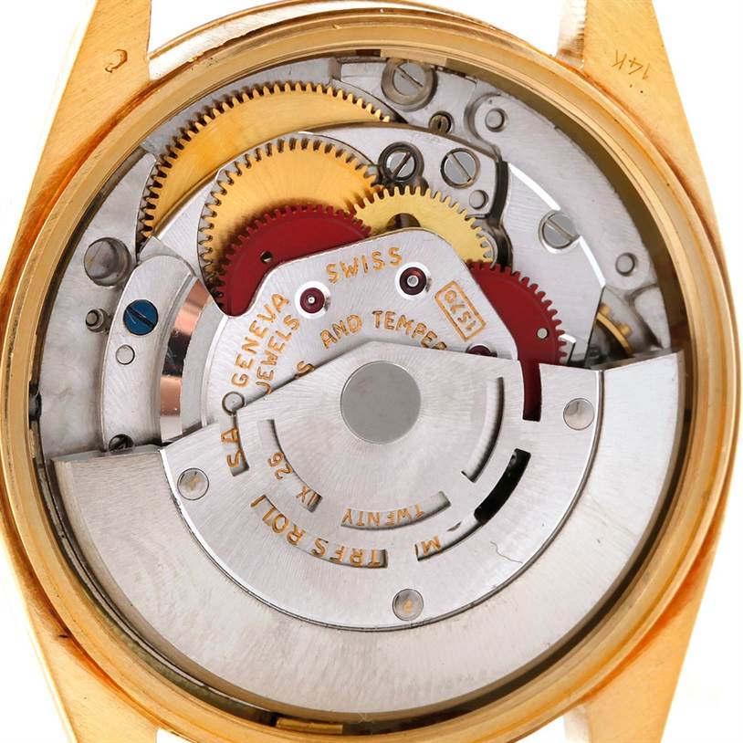 This image shows the intricate movement components from the back of a Rolex President 1503 Men
s Yellow Gold Champagne Dial 1503 Men
s Yellow Gold Champagne Dial model watch.