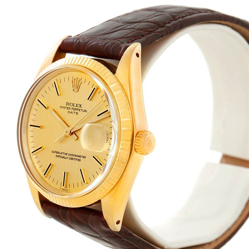 The image shows a side angle of the Rolex President 1503 Men
s Yellow Gold Champagne Dial 1503 Men
s Yellow Gold Champagne Dial model, featuring the dial, crown, and part of the leather strap.