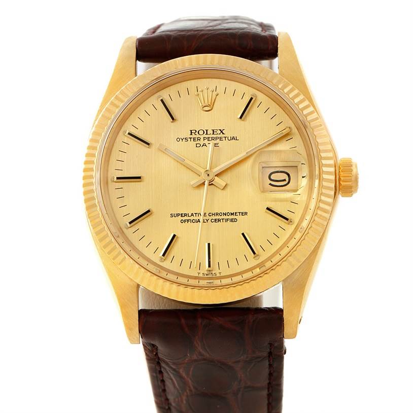 The image shows a front view of a Rolex President 1503 Men
s Yellow Gold Champagne Dial 1503 Men
s Yellow Gold Champagne Dial model watch, displaying the dial, hands, bezel, crown, and leather strap.