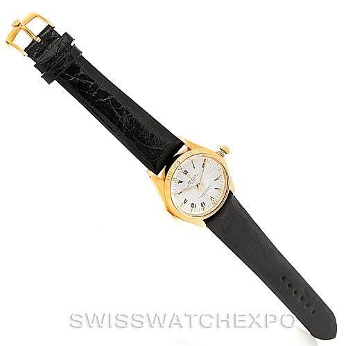 The Rolex President 1503 Men's Yellow Gold White Dial 1503 Men's Yellow Gold White Dial model watch is shown at a straight-on angle, displaying the face, bezel, crown, and leather strap.