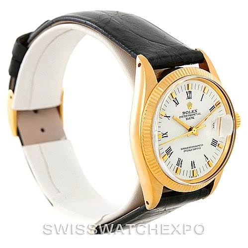 This image shows the Rolex President 1503 Men's Yellow Gold White Dial 1503 Men's Yellow Gold White Dial model watch at a side angle, featuring the dial, bezel, and leather strap.