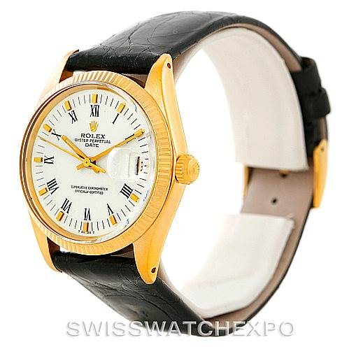 The image shows a side angle of a Rolex President 1503 Men's Yellow Gold White Dial 1503 Men's Yellow Gold White Dial model watch, highlighting its golden case, white dial, black leather strap, and crown.
