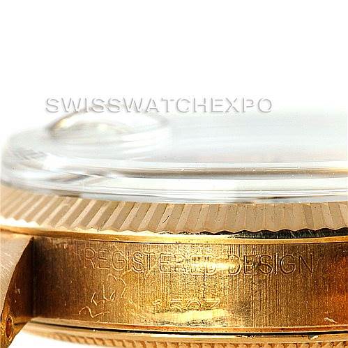 This image shows a close-up side view of the Rolex President 1503 Men's Yellow Gold White Dial 1503 Men's Yellow Gold White Dial model, highlighting the crystal and a portion of the case.