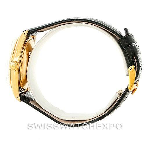 The image shows a side profile of the Rolex President 1503 Men's Yellow Gold White Dial 1503 Men's Yellow Gold White Dial model watch, highlighting the clasp, leather strap, and part of the case.