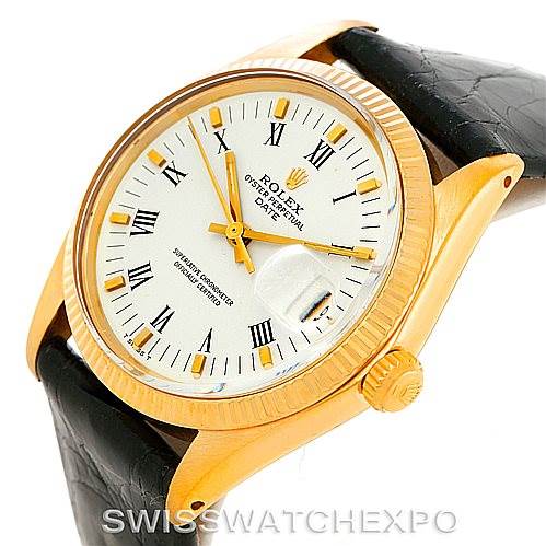 The image shows a Rolex President 1503 Men's Yellow Gold White Dial 1503 Men's Yellow Gold White Dial watch focusing on the face, bezel, crown, and black leather strap from a slightly angled top view.