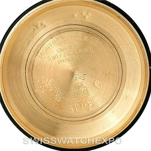 This image shows the inside case back of a Rolex President 1803 Men
s Yellow Gold Black Dial 1803 Men
s Yellow Gold Black Dial model watch.
