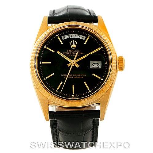 The image shows a front view of a Rolex President 1803 Men
s Yellow Gold Black Dial 1803 Men
s Yellow Gold Black Dial model watch, featuring a black leather strap and gold case with day and date displays.
