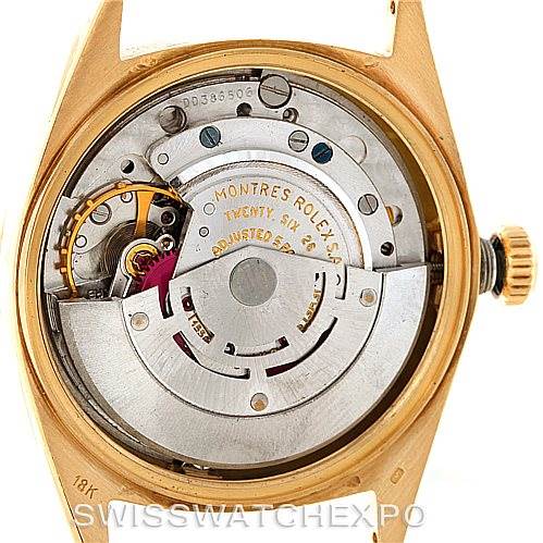 This image shows the internal movement mechanism of a Rolex President 1803 Men
s Yellow Gold Black Dial 1803 Men
s Yellow Gold Black Dial model watch from a direct overhead angle.