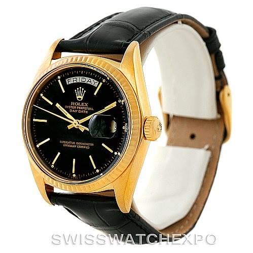 This Rolex President 1803 Men
s Yellow Gold Black Dial 1803 Men
s Yellow Gold Black Dial model watch is shown at an angle displaying its black dial, gold casing, and black leather strap.