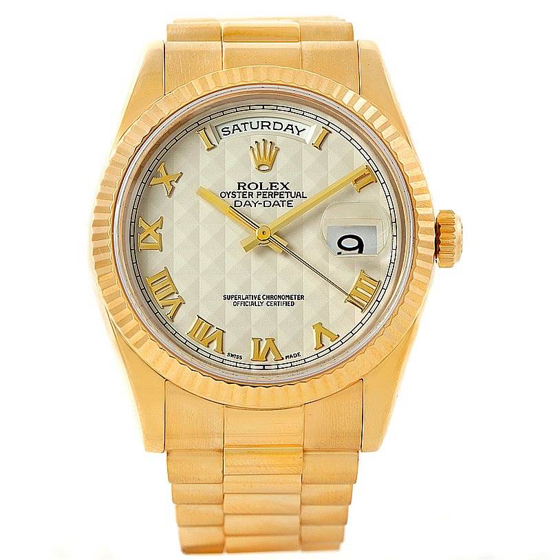 This image shows a front view of the Rolex President 118238 Men's Yellow Gold Beige Dial 118238 Men's Yellow Gold Beige Dial Oyster Perpetual Day-Date watch, displaying the dial, bezel, and bracelet.