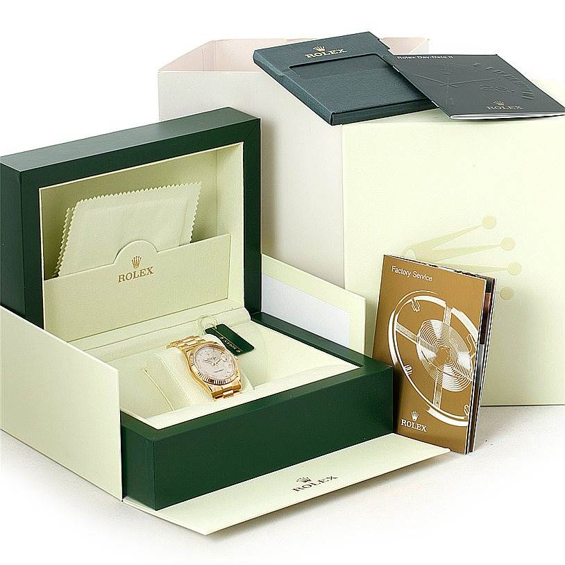 The image shows a Rolex President 118238 Men's Yellow Gold Beige Dial 118238 Men's Yellow Gold Beige Dial model watch in its open green box, alongside booklets and a cleaning cloth.