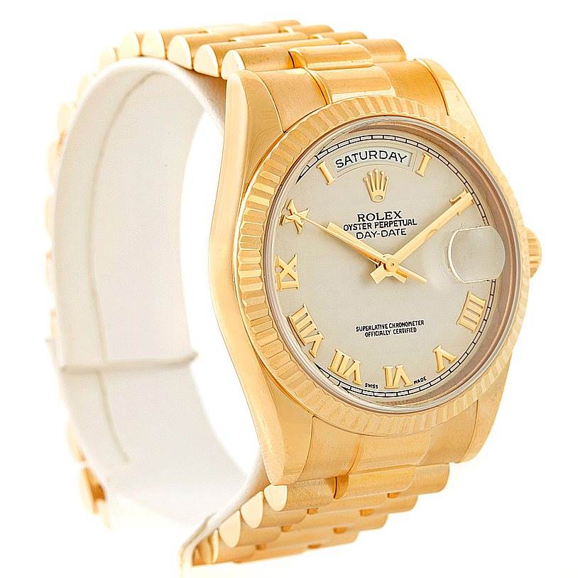 The Rolex President 118238 Men's Yellow Gold Beige Dial 118238 Men's Yellow Gold Beige Dial model watch is shown at a three-quarter angle, displaying the face, bracelet, and bezel.