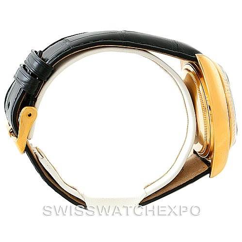 The image shows a side view of a Rolex President 18038 Men's Yellow Gold Black Dial 18038 Men's Yellow Gold Black Dial model watch, highlighting the case, bezel, and strap.