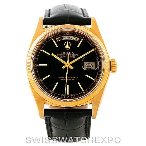 The image shows a front-facing view of a Rolex President 18038 Men's Yellow Gold Black Dial 18038 Men's Yellow Gold Black Dial model watch with a black dial, gold case, and black leather strap.
