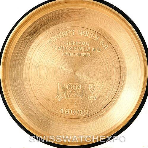 This image shows the inner case back of a Rolex President 18038 Men's Yellow Gold Black Dial 18038 Men's Yellow Gold Black Dial watch, displaying its inscriptions and markings.