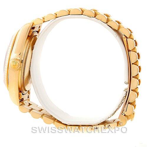 This image shows a side view of a Rolex President 18038 Men's Yellow Gold Black Dial 18038 Men's Yellow Gold Black Dial watch, highlighting the case, crown, and bracelet.