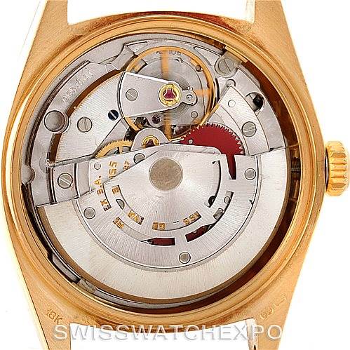 The image shows the internal mechanical movement mechanism of a Rolex President 18038 Men's Yellow Gold Black Dial 18038 Men's Yellow Gold Black Dial model watch from a back angle with the case removed.