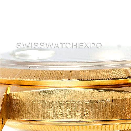 The image shows a close-up of the side view of a Rolex President 18248 Men's Yellow Gold Blue Dial 18248 Men's Yellow Gold Blue Dial watch, highlighting part of the case with the engraved model number 18248.