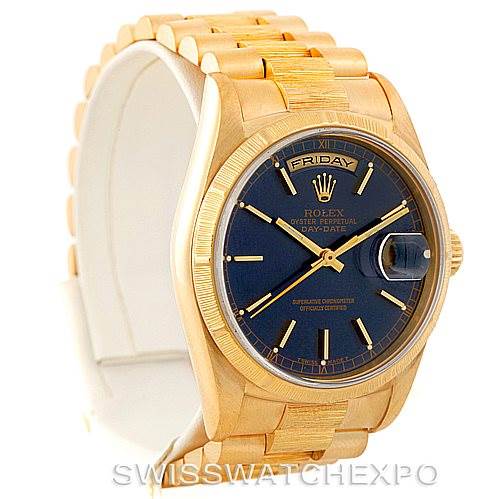 This image shows the Rolex President 18248 Men's Yellow Gold Blue Dial 18248 Men's Yellow Gold Blue Dial model watch from a front angle, highlighting the dial, bezel, and bracelet.