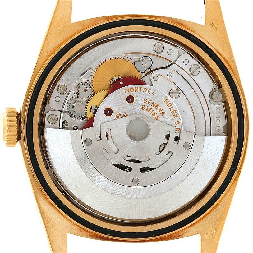 This image shows the inner mechanism and movement of a Rolex President 18248 Men
s Yellow Gold Champagne Dial 18248 Men
s Yellow Gold Champagne Dial model watch from the back.
