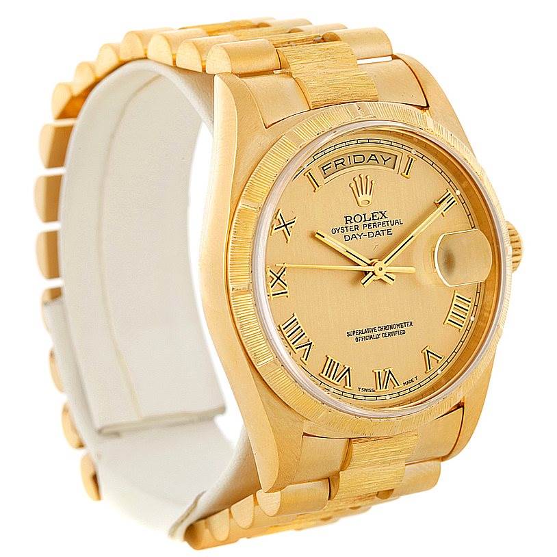 This Rolex President 18248 Men
s Yellow Gold Champagne Dial 18248 Men
s Yellow Gold Champagne Dial model watch is shown from a front-left angle, displaying the dial, bezel, and bracelet.