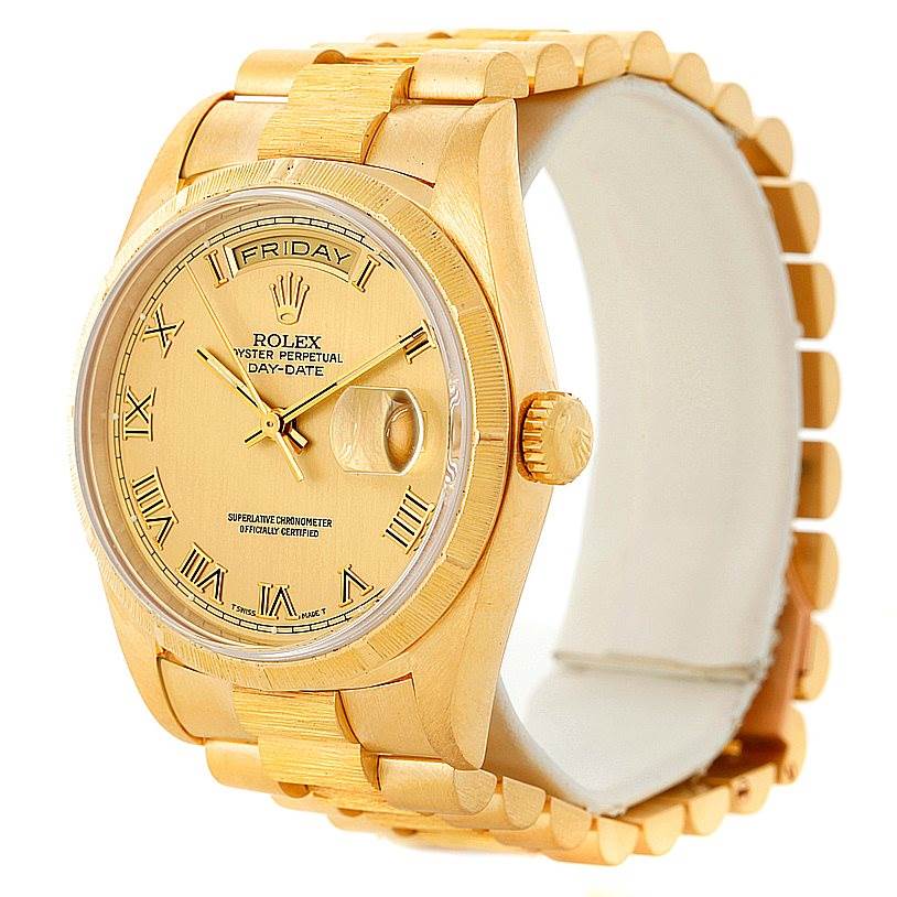 The Rolex President 18248 Men
s Yellow Gold Champagne Dial 18248 Men
s Yellow Gold Champagne Dial model watch is shown at a 3/4 angle, displaying the face, bezel, crown, and part of the bracelet.