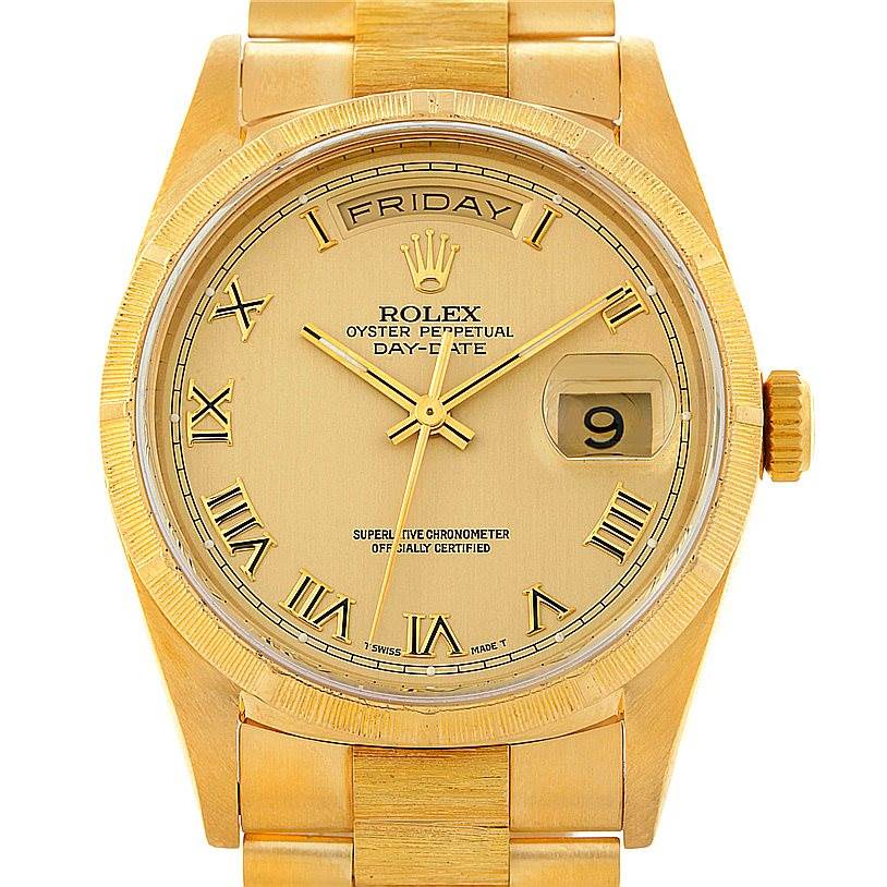 The image shows a front view of a Rolex President 18248 Men
s Yellow Gold Champagne Dial 18248 Men
s Yellow Gold Champagne Dial model watch, displaying its day, date, and gold Roman numeral dial.