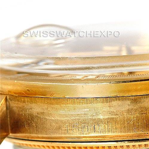 This image shows the side view of a Rolex President 1501 Men
s Yellow Gold Champagne Dial 1501 Men
s Yellow Gold Champagne Dial model watch case, focusing on the serial number 1501 and the gold casing.