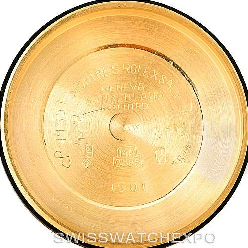 This image shows the inside back cover of a Rolex President 1501 Men
s Yellow Gold Champagne Dial 1501 Men
s Yellow Gold Champagne Dial model watch, displaying engravings and markings.