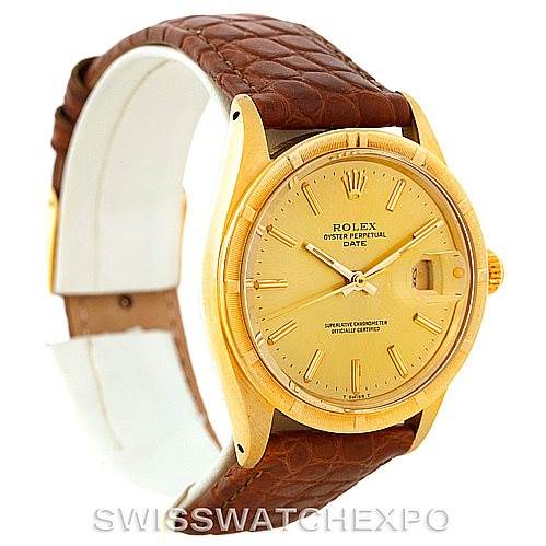 The image shows a Rolex President 1501 Men
s Yellow Gold Champagne Dial 1501 Men
s Yellow Gold Champagne Dial Oyster Perpetual Date model from a front angle highlighting its dial, case, and leather strap.