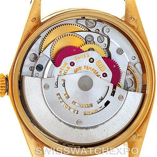 This close-up shows the internal mechanical movement of a Rolex President 1501 Men
s Yellow Gold Champagne Dial 1501 Men
s Yellow Gold Champagne Dial model watch.