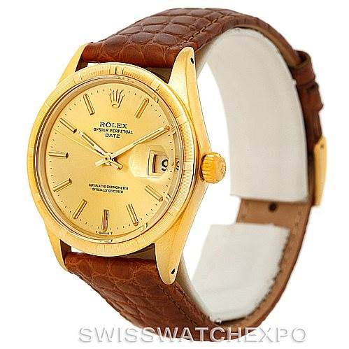 This image shows a Rolex President 1501 Men
s Yellow Gold Champagne Dial 1501 Men
s Yellow Gold Champagne Dial model watch at a slight angle, highlighting its gold case, dial, and brown leather strap.