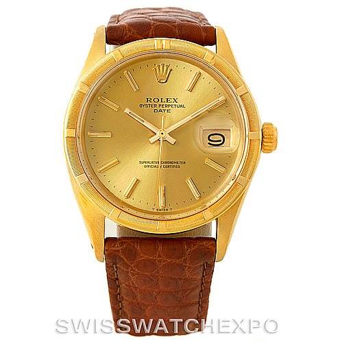 The Rolex President 1501 Men
s Yellow Gold Champagne Dial 1501 Men
s Yellow Gold Champagne Dial model watch is shown from the front, displaying its gold face, hands, date window, and brown leather strap.