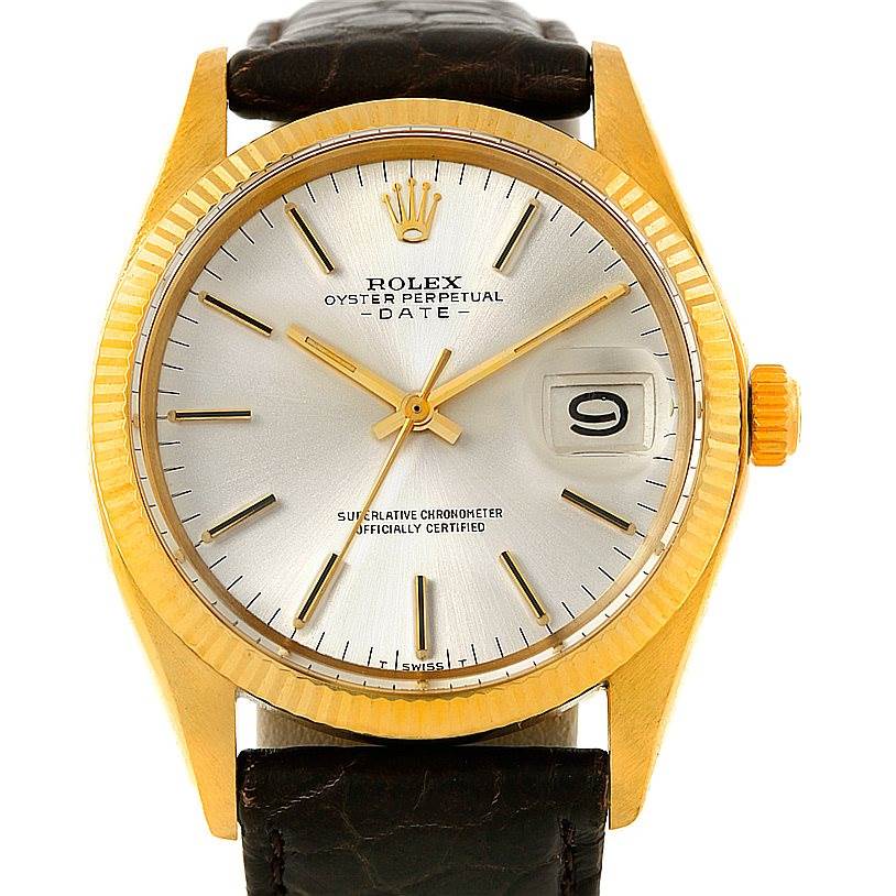 The image shows a front view of a Rolex President 1503 Men
s Yellow Gold Silver Dial 1503 Men
s Yellow Gold Silver Dial model watch, highlighting the dial, bezel, crown, and leather strap.