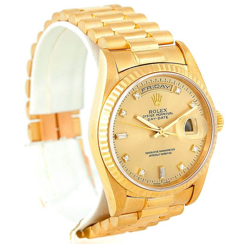 This image shows a Rolex President 18238 Men
s Yellow Gold Champagne Dial 18238 Men
s Yellow Gold Champagne Dial model watch at a slight angle, displaying the gold band, face, and crown.