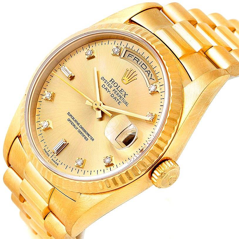 The image shows a close-up angle of a Rolex President 18238 Men
s Yellow Gold Champagne Dial 18238 Men
s Yellow Gold Champagne Dial model watch, highlighting its gold case, bracelet, dial, and day-date features.