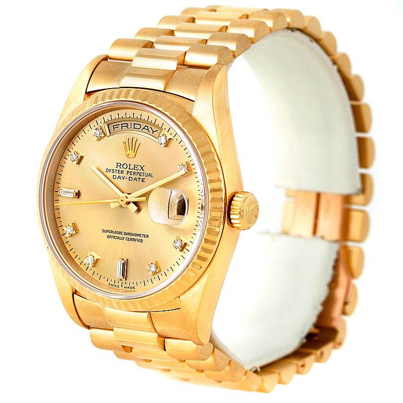 The image shows a Rolex President 18238 Men
s Yellow Gold Champagne Dial 18238 Men
s Yellow Gold Champagne Dial model watch at a three-quarter angle, highlighting the dial, day-date display, and bracelet.