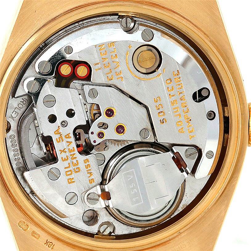 The image shows the inner mechanical workings and movement of a Rolex President 19000 Men
s Yellow Gold Champagne Dial 19000 Men
s Yellow Gold Champagne Dial model watch.