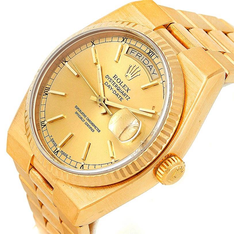 The image displays a gold Rolex President 19000 Men
s Yellow Gold Champagne Dial 19000 Men
s Yellow Gold Champagne Dial model watch from an angled perspective, showing the face, bezel, crown, and part of the bracelet.