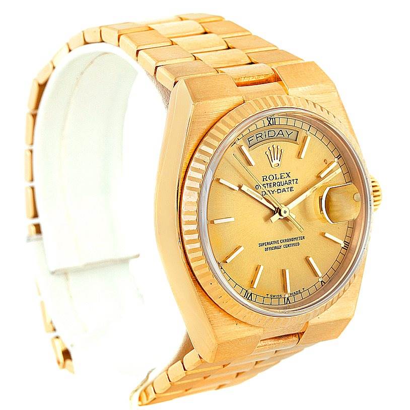 The image shows a Rolex President 19000 Men
s Yellow Gold Champagne Dial 19000 Men
s Yellow Gold Champagne Dial watch at an angled view, highlighting the face, bezel, band, and crown.