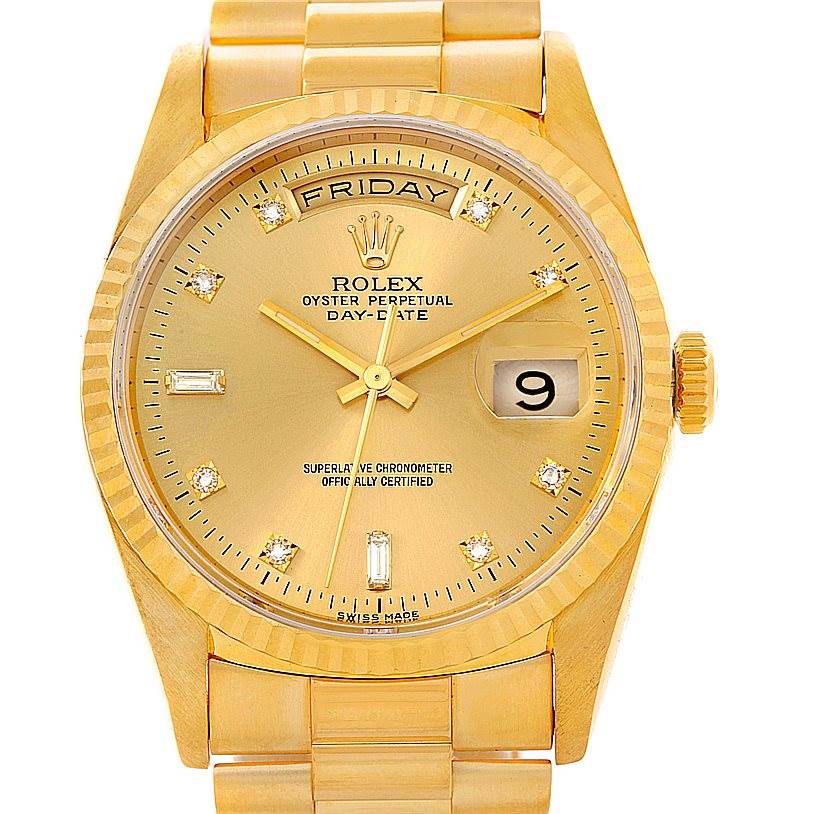 This image shows a frontal view of the Rolex President 18238 Men
s Yellow Gold Champagne Dial 18238 Men
s Yellow Gold Champagne Dial model, featuring its dial, day/date displays, and bracelet.