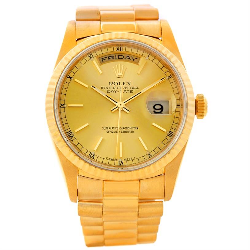 This image shows a Rolex President 18238 Men
s Yellow Gold Champagne Dial 18238 Men
s Yellow Gold Champagne Dial model watch in a frontal view, featuring its gold case, dial, and bracelet with day and date displays.