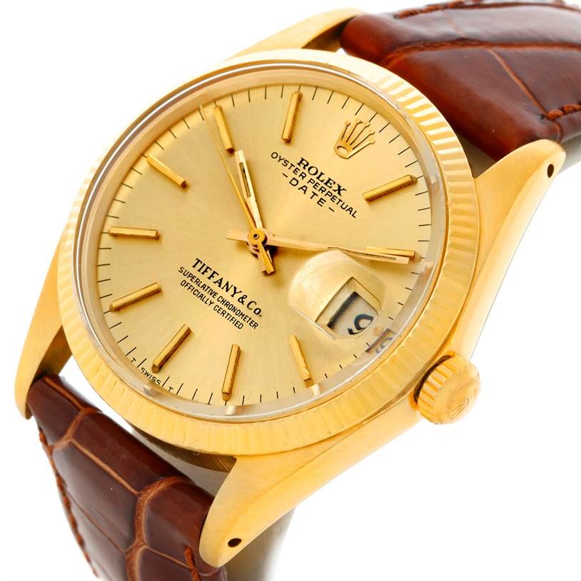 This Rolex President 1503 Men
s Yellow Gold Champagne Dial 1503 Men
s Yellow Gold Champagne Dial model watch is shown at an angled close-up, displaying its dial, case, crown, and part of its leather strap.