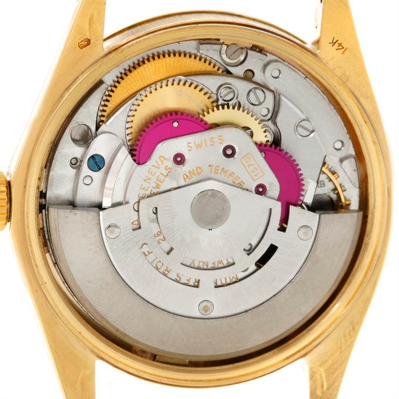 The image shows the inner mechanical components of the Rolex President 1503 Men
s Yellow Gold Champagne Dial 1503 Men
s Yellow Gold Champagne Dial model watch from a rear angle.