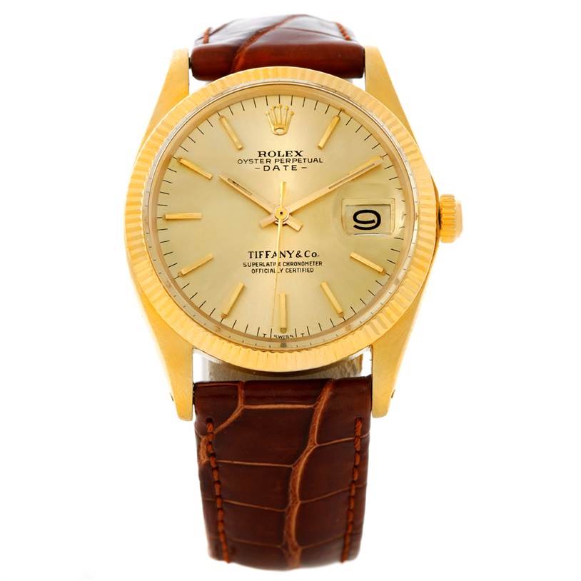The image shows a Rolex President 1503 Men
s Yellow Gold Champagne Dial 1503 Men
s Yellow Gold Champagne Dial watch from a frontal angle, highlighting the dial, bezel, and leather strap.