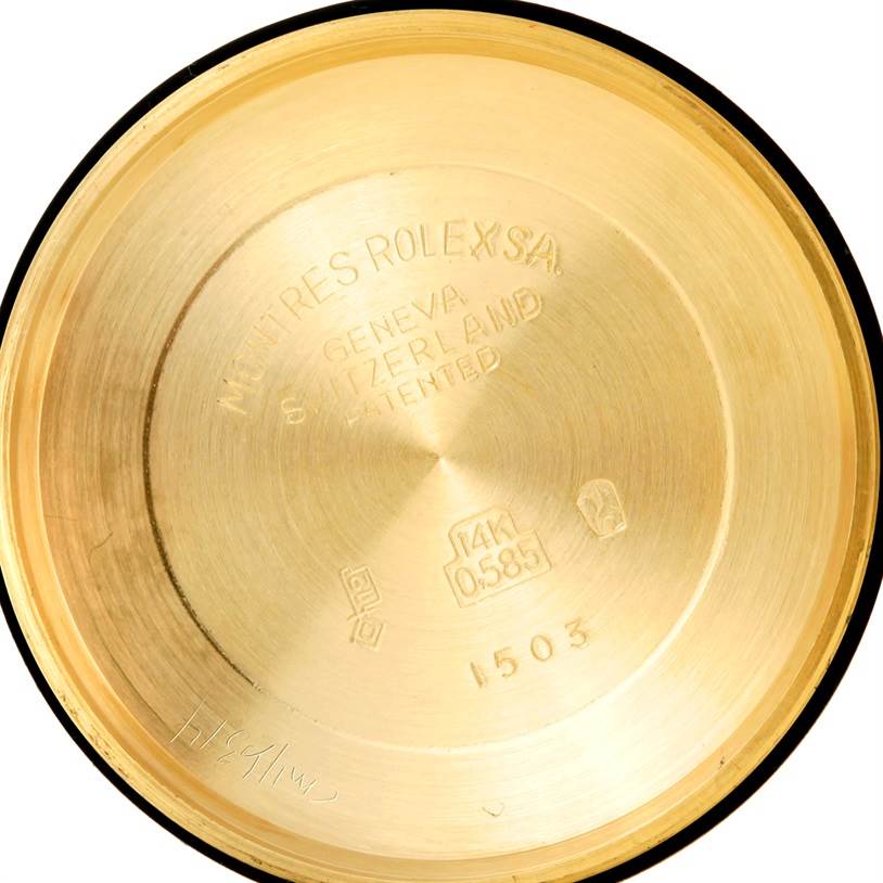 The image shows the inside of the case back of a Rolex President 1503 Men
s Yellow Gold Champagne Dial 1503 Men
s Yellow Gold Champagne Dial model watch.