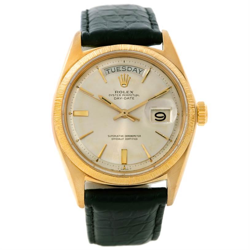 This image depicts a front view of a Rolex President 1803 Men
s Yellow Gold Silver Dial 1803 Men
s Yellow Gold Silver Dial model watch, showcasing the dial, hands, and part of the black leather strap.