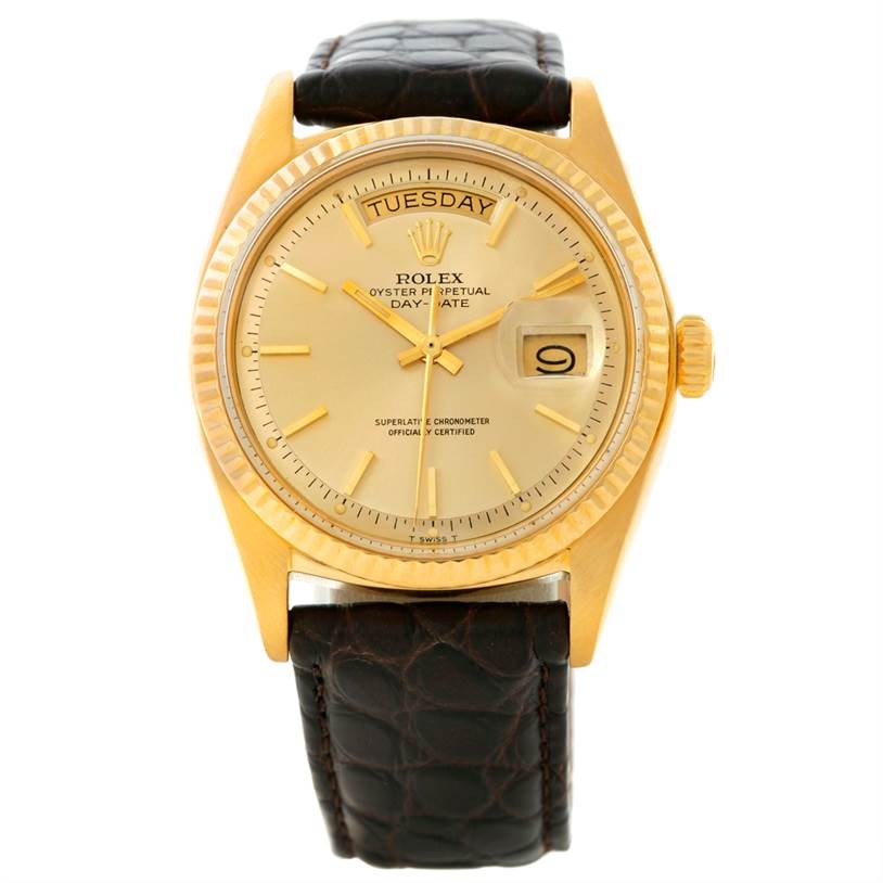 This image shows a front view of a Rolex President 1803 Men
s Yellow Gold Champagne Dial 1803 Men
s Yellow Gold Champagne Dial model watch, highlighting the dial, hands, day-date display, and leather strap.